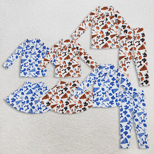 Sibling Baby Girls Bows Footballs Go Team Zipper Pullover Leggings Skorts Yoga Active Clothes Sets