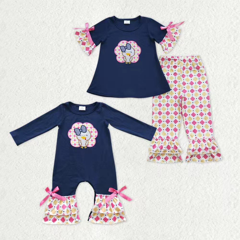 Sibling Baby Girls Embroidery Turkey Tunic Checked Pants Thanksgiving Clothes Sets Rompers