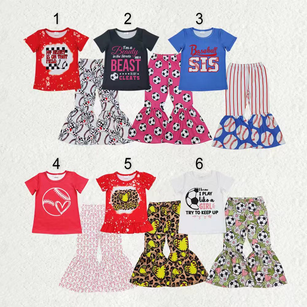Sibling Baby Girls Short Sleeve Baseballs Footballs Top Bell Bottom Pants Team Clothes Sets