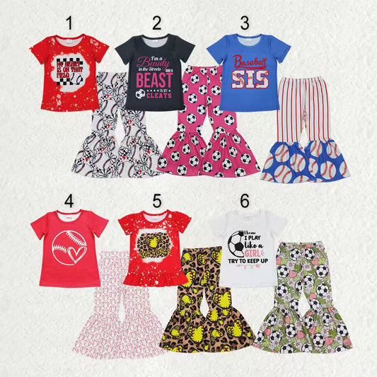 Sibling Baby Girls Short Sleeve Baseballs Footballs Top Bell Bottom Pants Team Clothes Sets