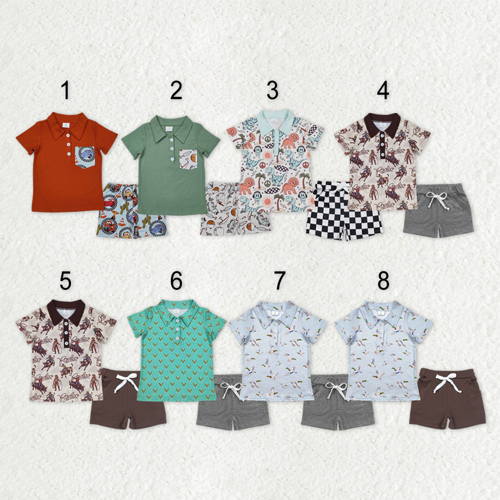 Sibling Baby Boys Ducks Fishing Print Button Polo Shirts Pockets Short Western Set