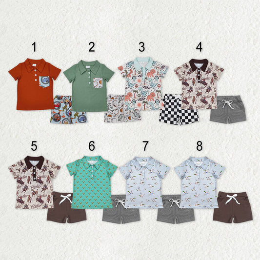Sibling Baby Boys Ducks Fishing Print Button Polo Shirts Pockets Short Western Set