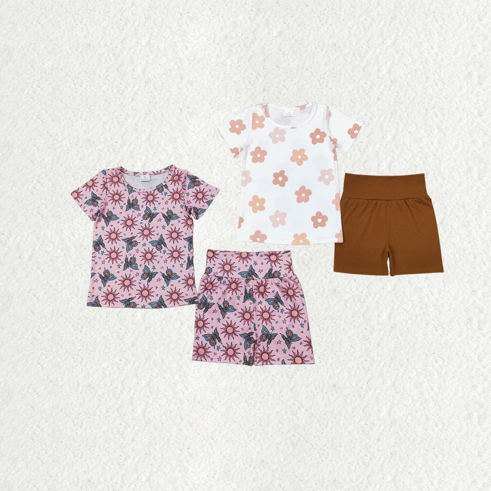 Sibling Baby Girls Short Sleeve Flowers Butterfly Tops Biking Ruffle Shorts Clothes Sets