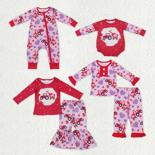 Sibling Baby Kids Hearts Trucks Top Bell Bottom Pants Valentine Pajamas Clothes Sets Rompers