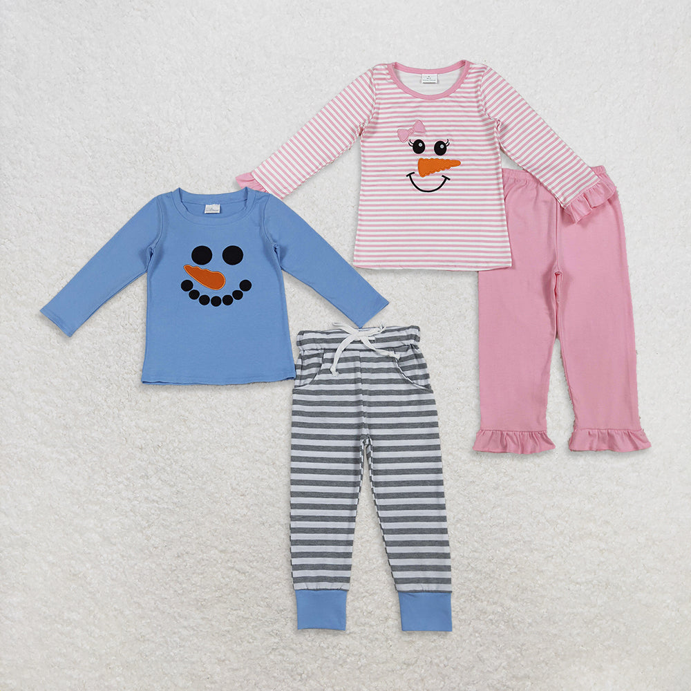 Sibling Baby Boys Girls Embroidery Snowmen Stripe Top Pants Christmas Clothes Sets