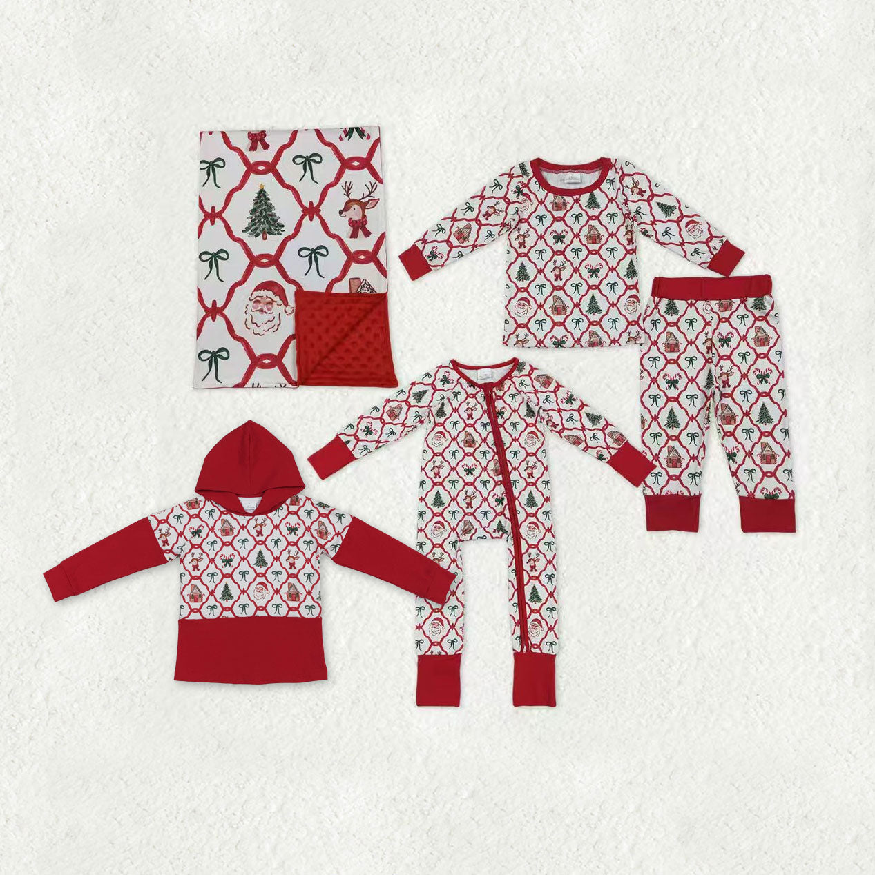 Sibling Baby Kids Trees Bows Checked Christmas Pajamas Sets Zipper Footie Rompers Blankets