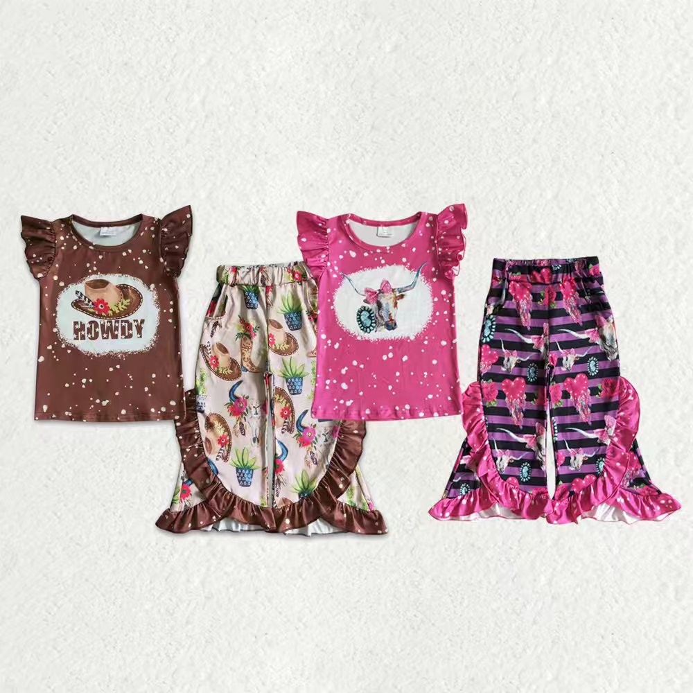 Sibling Baby Girls Western Howdy Bull Skulls Shirts Ruffle Bell Bottom Pants Clothes Sets