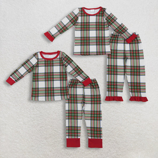 Sibling Baby Boys Girls Green Red Checked Christmas Pants Pajamas Sets