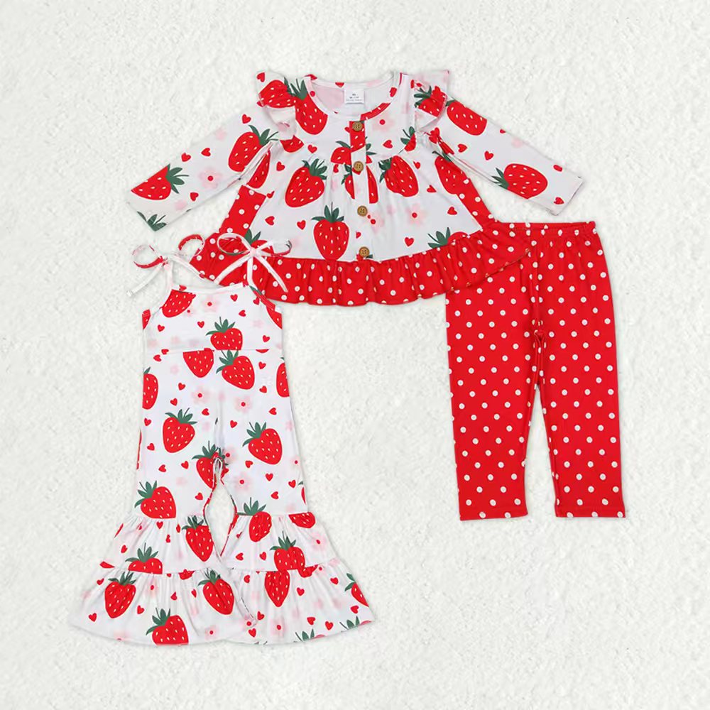 Sibling Baby Girls Hearts Strawberry Button Pockets Tunic Polka Dots Leggings Bell Bottom Jumpsuits
