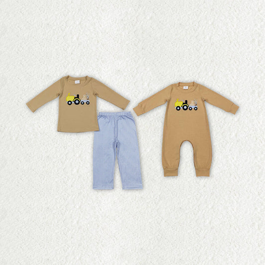 Sibling Embroidery Truck Dogs Baby Boys Khaki Shirt Pants Hunting Clothes Sets Footie Rompers