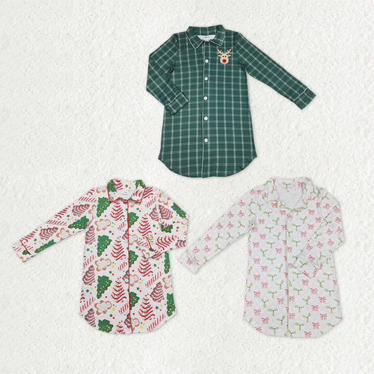 Sibling Adult Women Long Sleeve Gingerbread Holly Deer Christmas Button Shirts Top