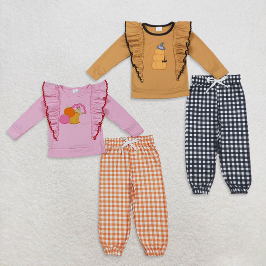Sibling Embroidery Turkey Pumpkins Spider Baby Girls Flutter Top Jogger Fall Clothes Sets