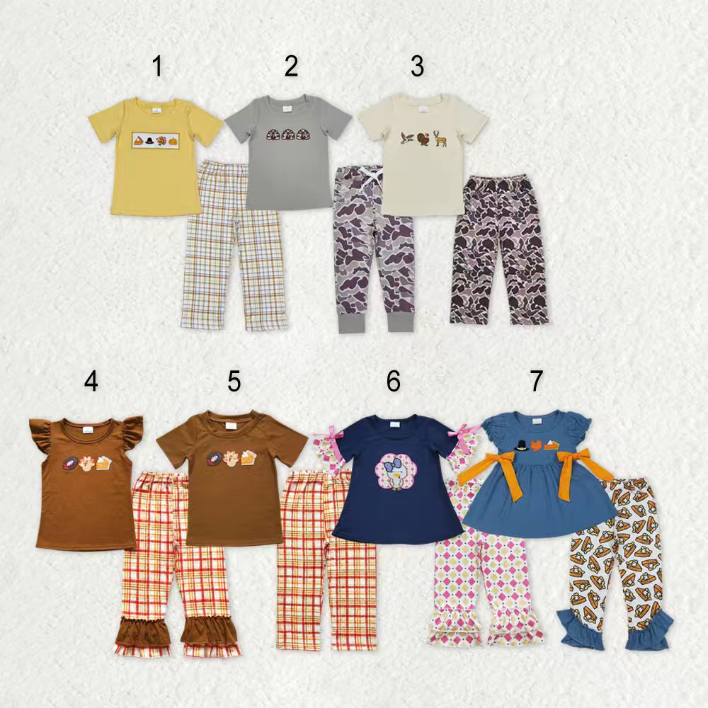 Sibling Baby Boys Girls Embroidery Turkey Pie Short Sleeves Pants Thanksgiving Clothes Sets