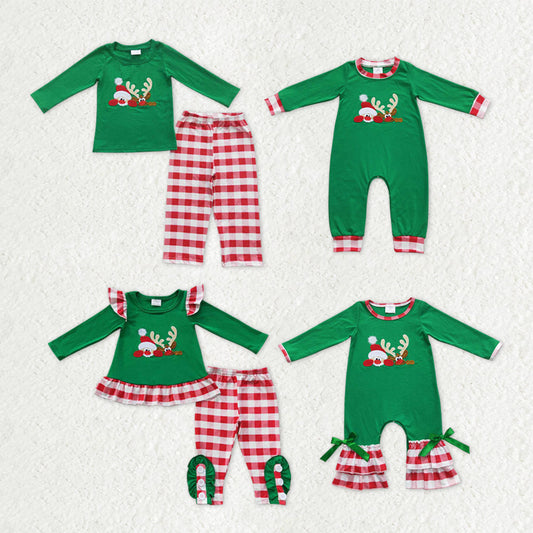 Sibling Baby Kids Embroidery Santa Deer Green Sleeves Christmas Clothes Sets Footie Rompers