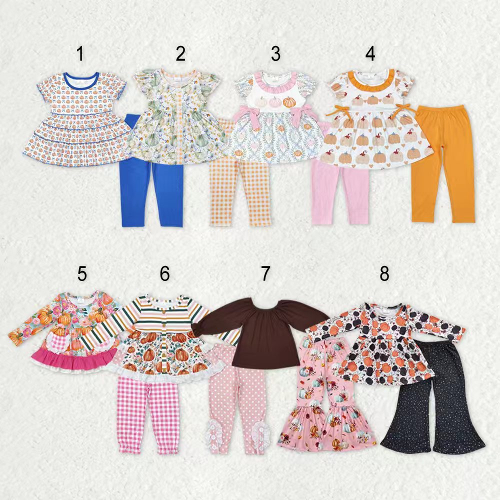 Sibling Baby Girls Bows Flowers Pumpkins Tunic Leggings Bell Bottom Pant Fall Clothes Sets