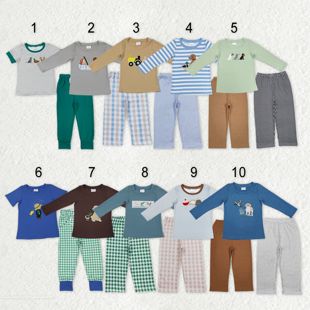 Sibling Baby Boys Embroidery Dogs Fishing Top Pockets Pants Hunting Clothes Sets