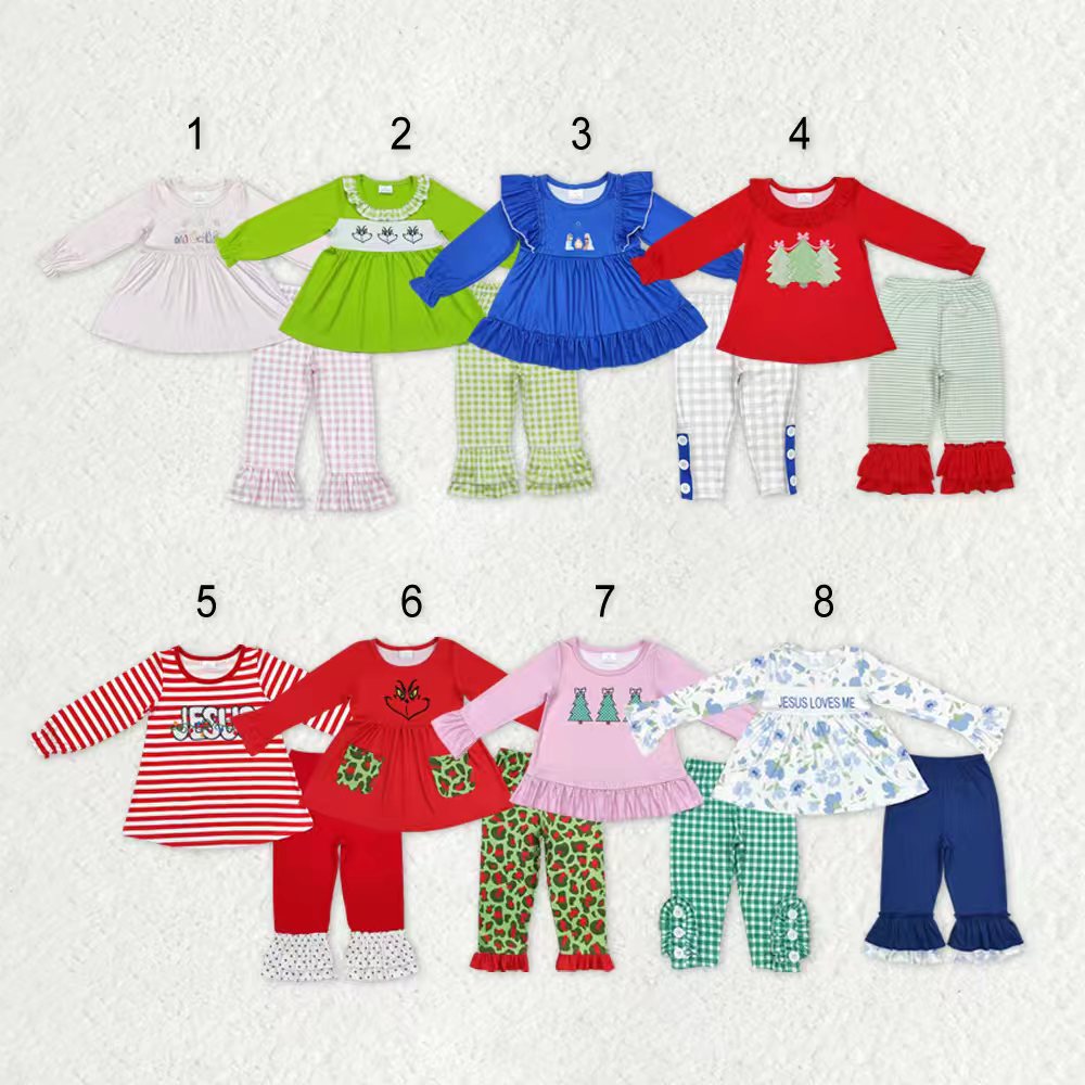 Sibling Baby Girls Green Face Trees Nativity Jesus Tunic Pants Christmas Clothes Sets