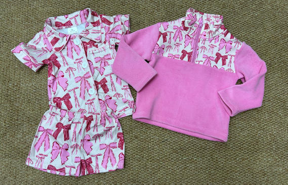 Sibling Baby Girls Pink Bows Plaid Button Pocket Shorts Pajamas Set Zipper Pullovers Top