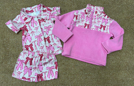 Sibling Baby Girls Pink Bows Plaid Button Pocket Shorts Pajamas Set Zipper Pullovers Top