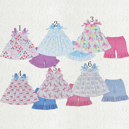 Sibling Baby Girls Straps Floral Tunic Ruffle Shorts Summer Clothes Sets