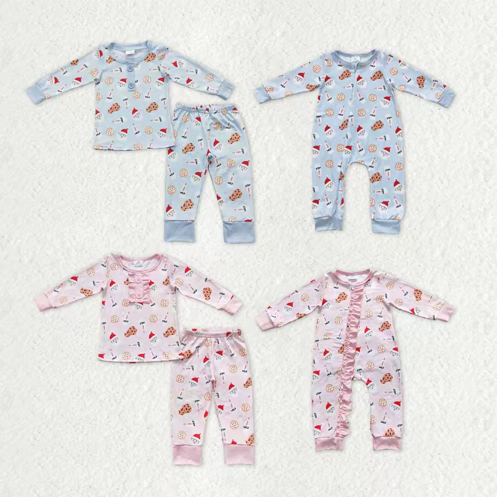 Sibling Baby Kids Cookie Milks Santa Button Top Pants Christmas Pajamas Sets Zipper Footie Rompers