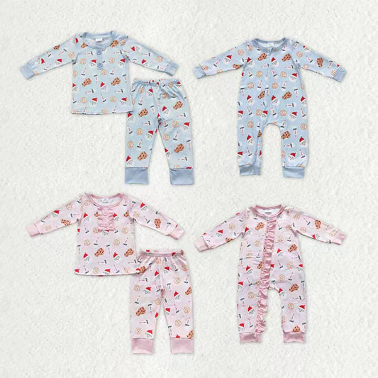 Sibling Baby Kids Cookie Milks Santa Button Top Pants Christmas Pajamas Sets Zipper Footie Rompers