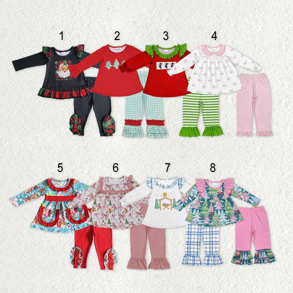 Sibling Baby Girls Long Ruffle Sleeves Santa Gingerbread Trees Tunic Pants Christmas Clothes Sets