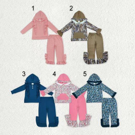 Sibling Baby Girls Ruffle Hooded Leopard Floral Top Bell Pants Clothes Sets
