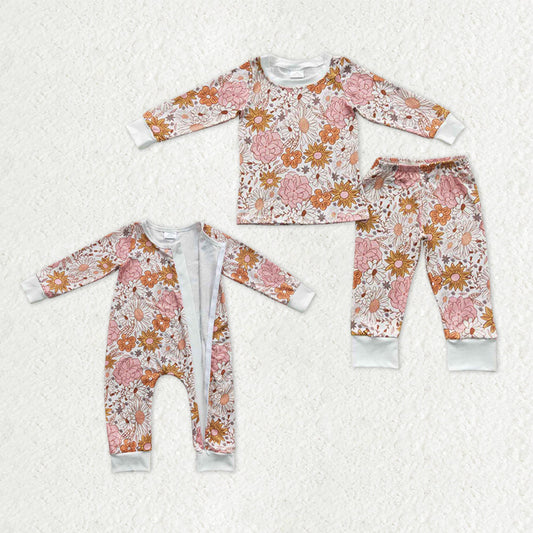 Sibling Baby Girls Orange Pink Daisy Flowers op Pants Pajamas Sets Zipper Rompers