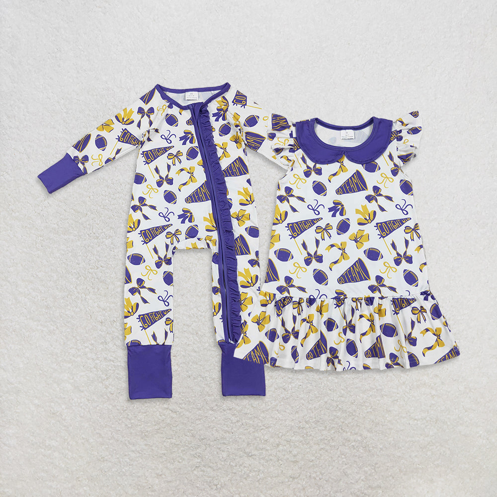 Sibling Baby Girls Purple Bows Footballs Go Team Ruffle Zipper Romper Knee Length Dress