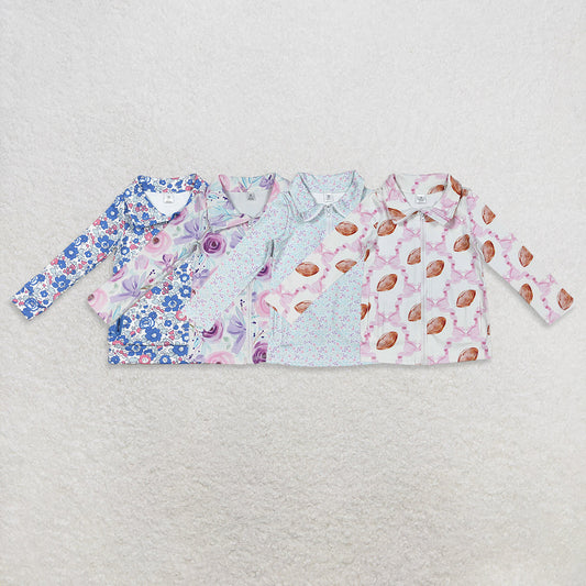 Sibling Baby Girls Pink Blue Flowers Pockets Zipper Yoga Active Pullovers Top