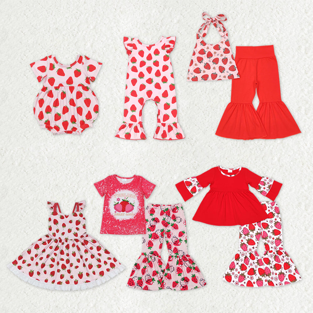 Sibling Baby Girls Strawberry Flowers Top Bell Bottom Pants Clothes Sets Rompers
