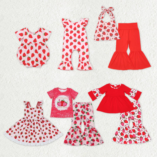 Sibling Baby Girls Strawberry Flowers Top Bell Bottom Pants Clothes Sets Rompers