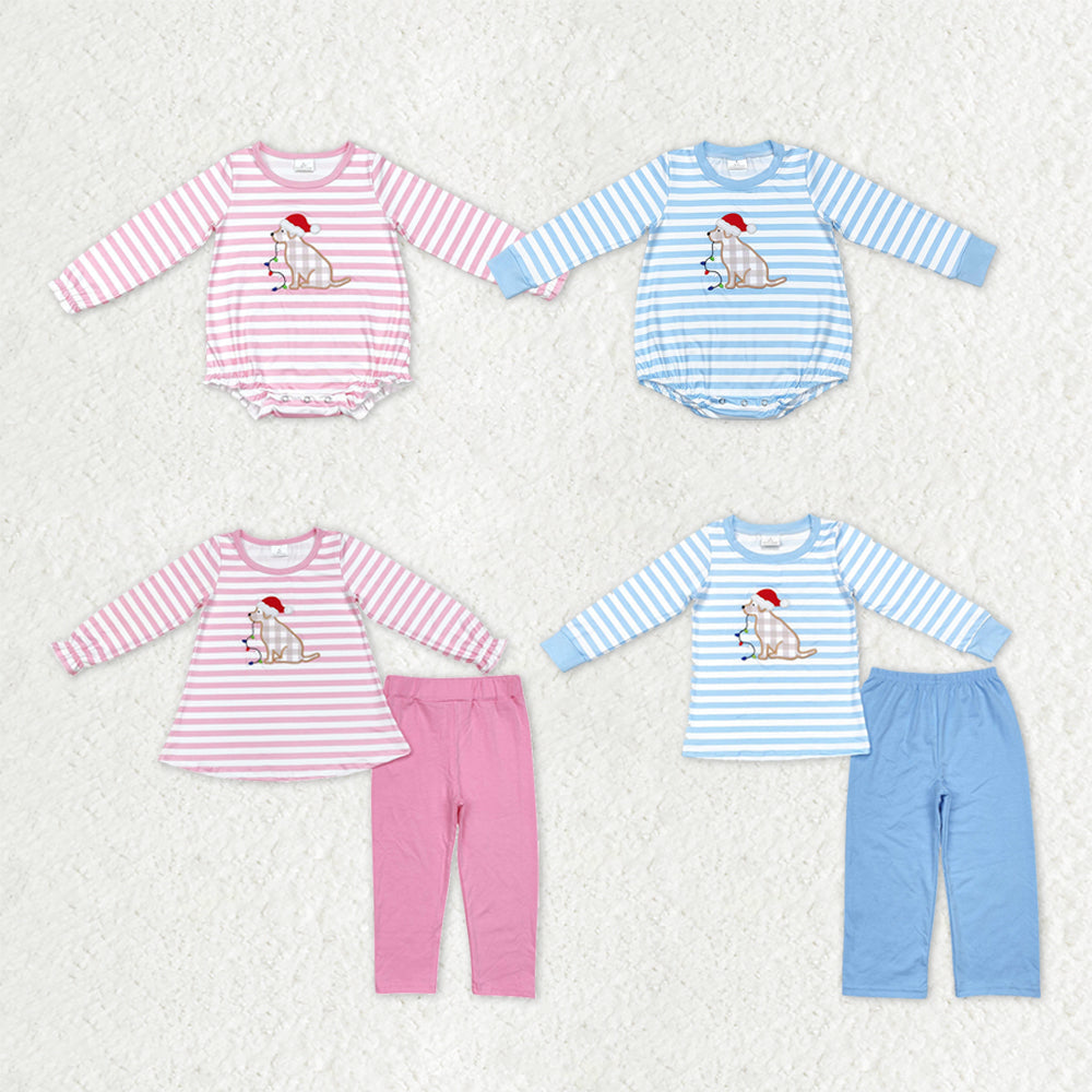 Sibling Baby Kids Embroidery Dogs Lights Stripe Top Pants Christmas Clothes Sets Rompers