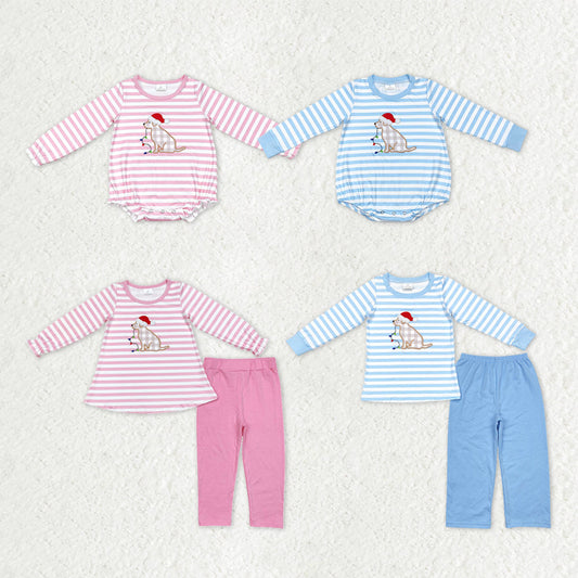 Sibling Baby Kids Embroidery Dogs Lights Stripe Top Pants Christmas Clothes Sets Rompers