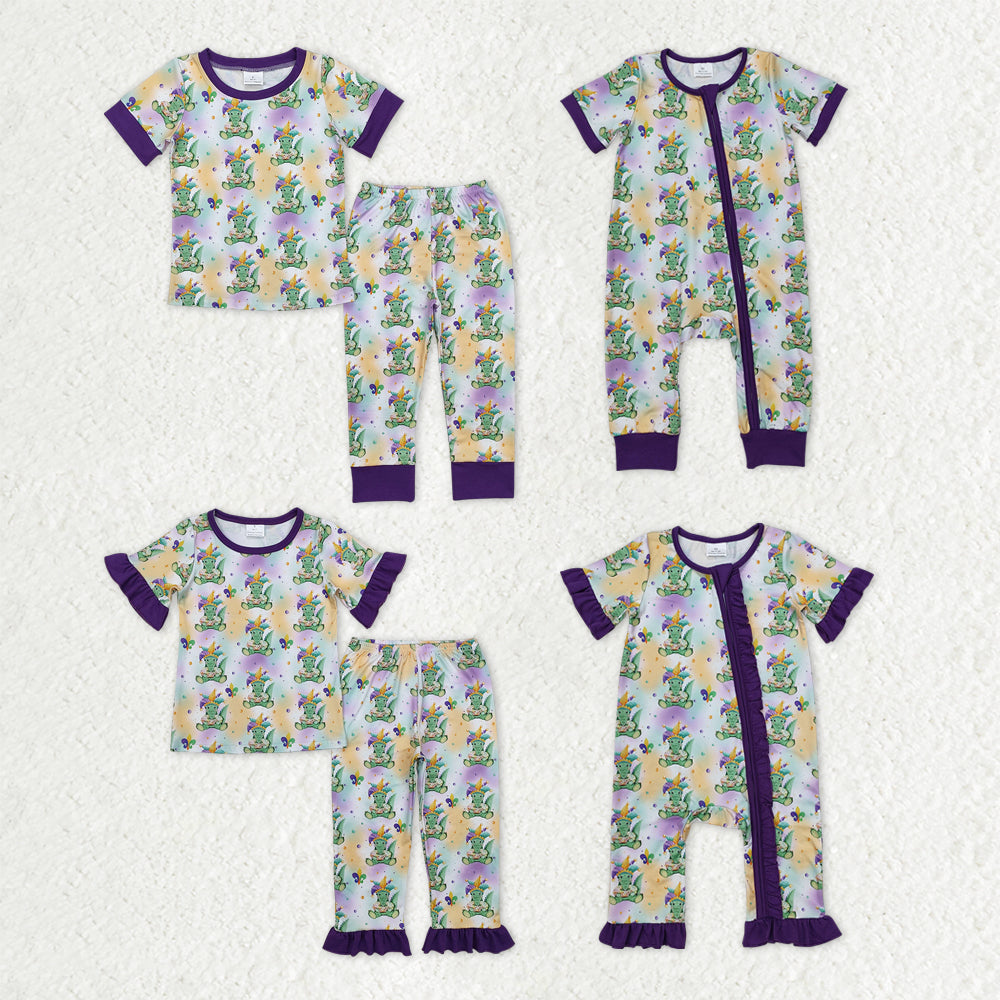 Sibling Baby Kids Anchors Crocodiles Top Pants Mardigras Pajamas Sets Zipper Footie Rompers
