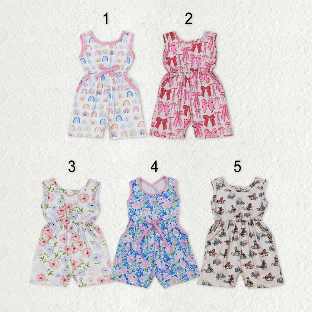 Sibling Baby Girls Sleeveless Flowers Bows Pockets Shorts Jumpsuits