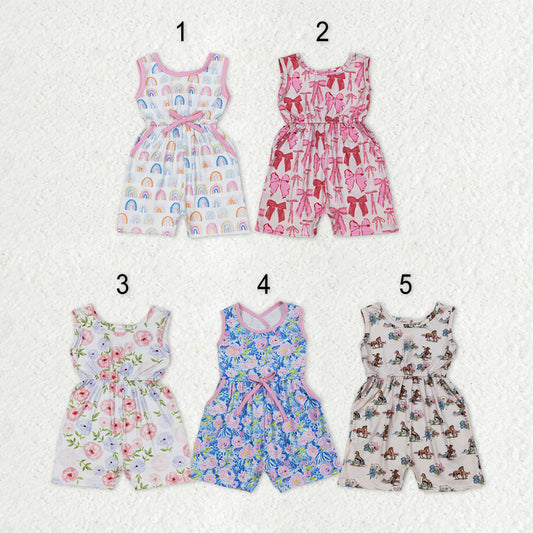 Sibling Baby Girls Sleeveless Flowers Bows Pockets Shorts Jumpsuits