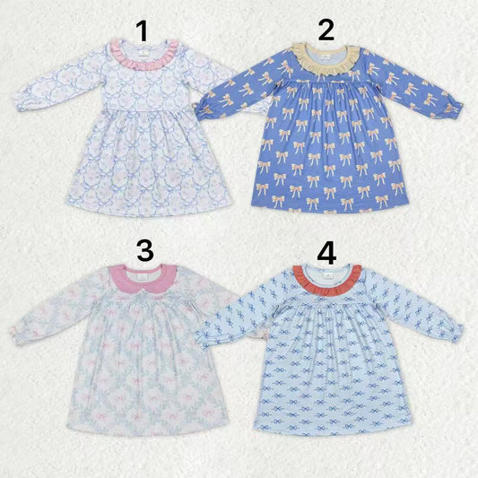 Sibling Baby Girls Bows Flowers Checked Long Ruffle Sleeve Collar Knee Length Dresses