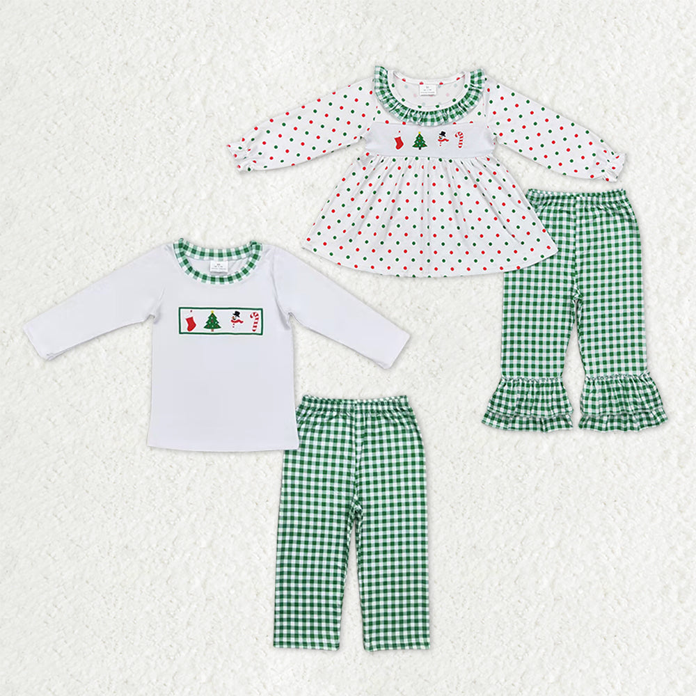 Sibling Baby Kids Embroidery Snowmen Trees Top Pants Christmas Clothes Sets