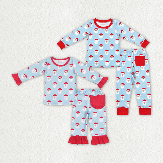 Sibling Baby Boys Girls Christmas Hats Santa Top Pocket Pant Pajamas Sets