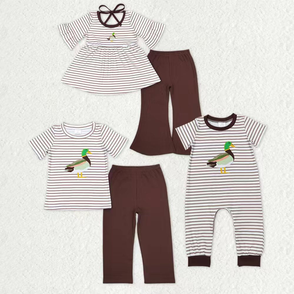 Sibling Baby Boys Girls Embroidery Ducks Stripe Top Hunting Clothes Sets Pant Rompers