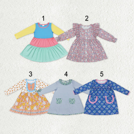 Sibling Baby Girls Flowers Plaid Button Pockets Ruffle Knee Length Dresses