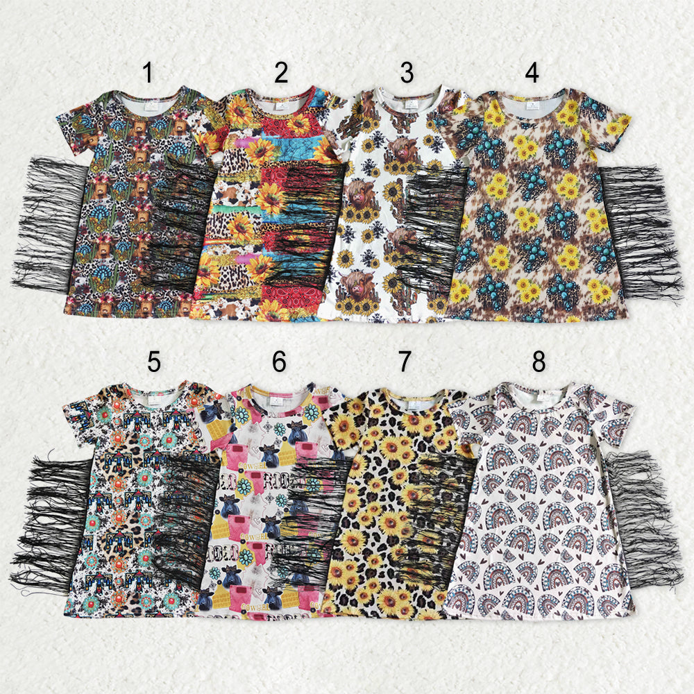 Sibling Baby Girls Short Sleeves Flowers Cows Tassel Knee Length Dresses