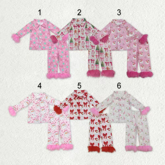 Sibling Baby Girls Sister Christmas Bows Santa Buttons Top Pants Fur Pajamas Clothes Sets