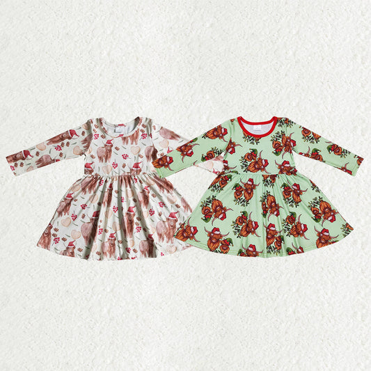 Sibling Baby Girls Hats Highland Cows Plaid Christmas Ruffle Knee Length Dresses