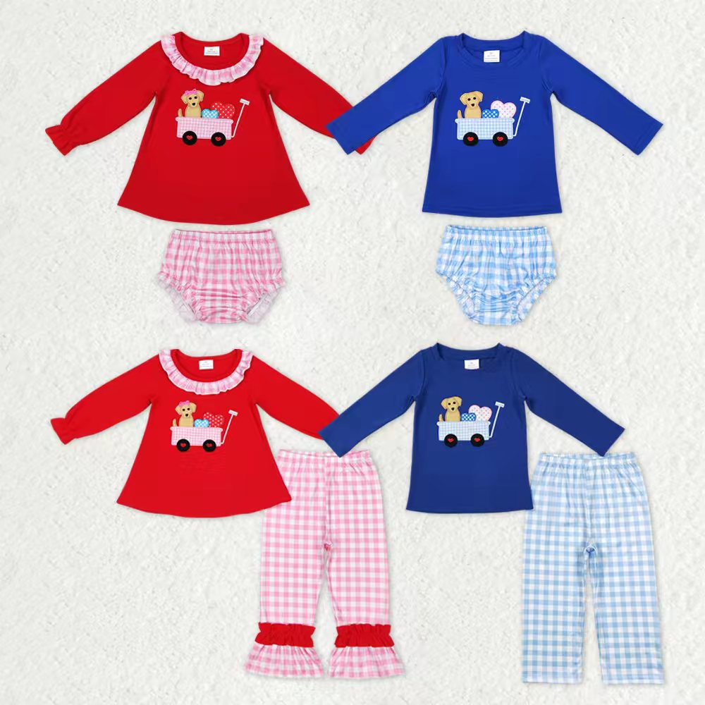 Sibling Baby Boys Girls Embroidery Dogs Trucks Hearts Pants Bummies Valentine Clothes Sets
