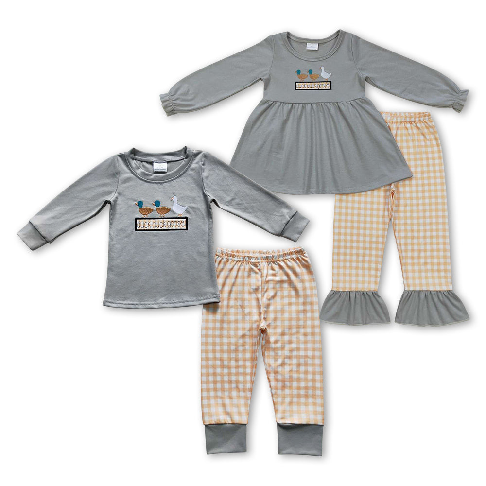 Sibling Baby Boys Girls Embroidery Ducks Goose Checked Pants Clothes Sets