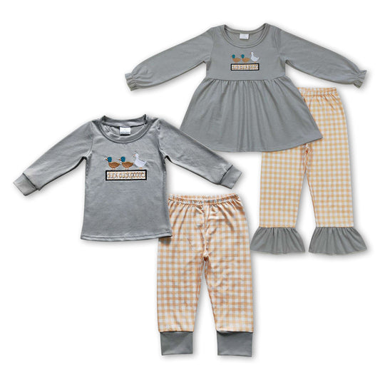 Sibling Baby Boys Girls Embroidery Ducks Goose Checked Pants Clothes Sets