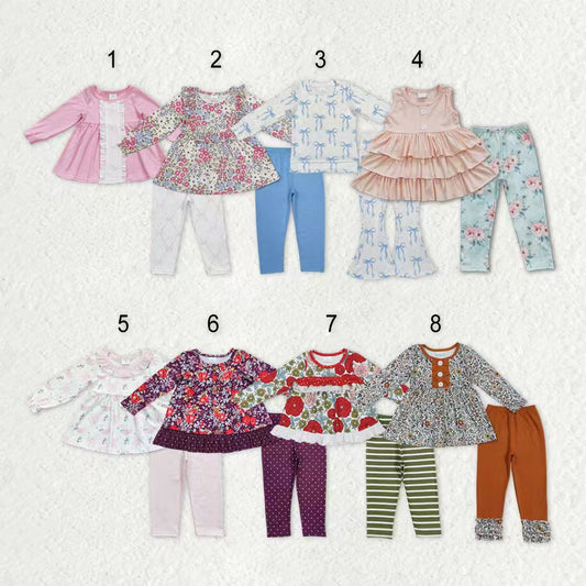 Sibling Baby Girls Bows Flowers Tunic Leggings Pant Ruffle Sleeves Clothes Sets